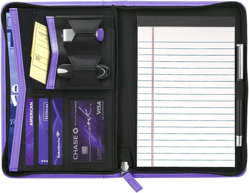 Gorbado Small Portfolio Organizer, A5 Zippered Business Portfolio, Junior Padfolio Folder Binder for Women & Men, 5 x 8 Writing Pad Included, Purple - Image 2